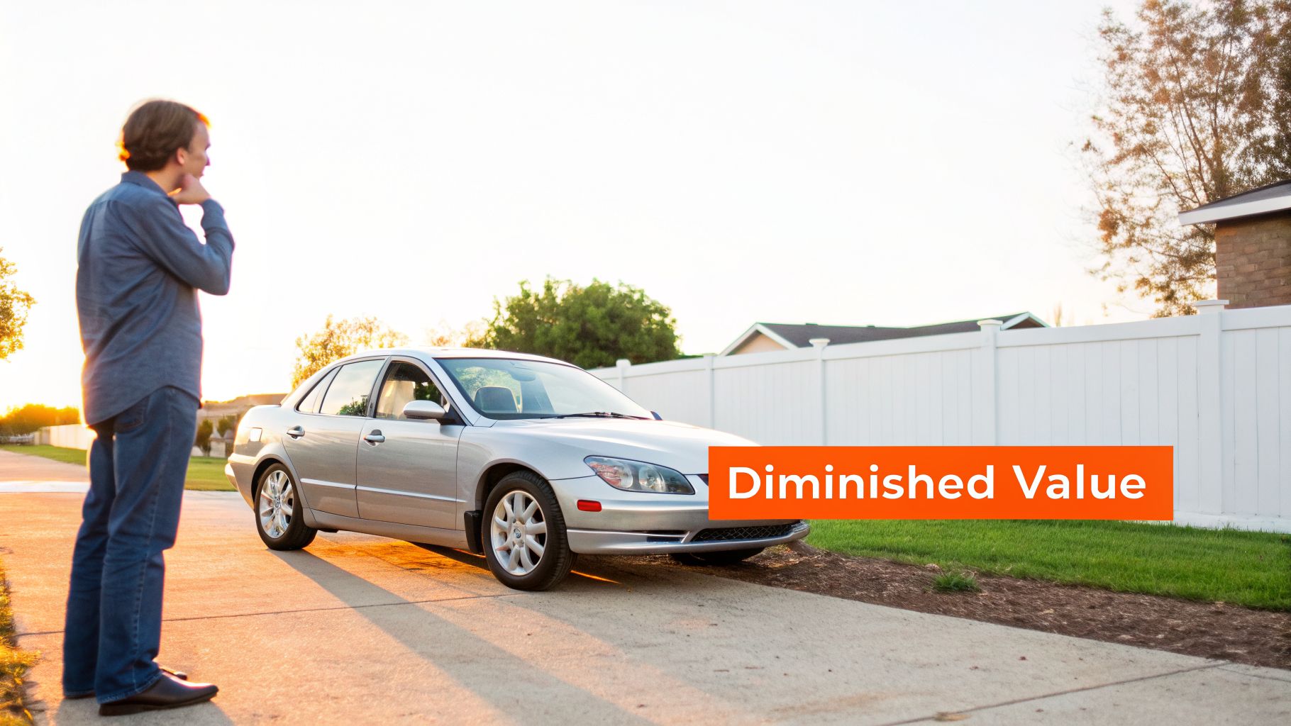 A thoughtful man looks at his silver car on a driveway, with "Diminished Value" text.