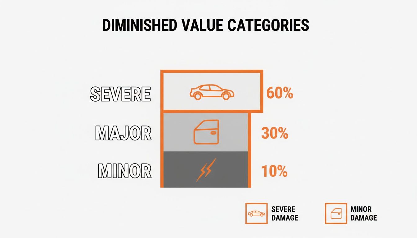 Bar chart illustrating diminished value categories: Severe 60%, Major 30%, Minor 10%.