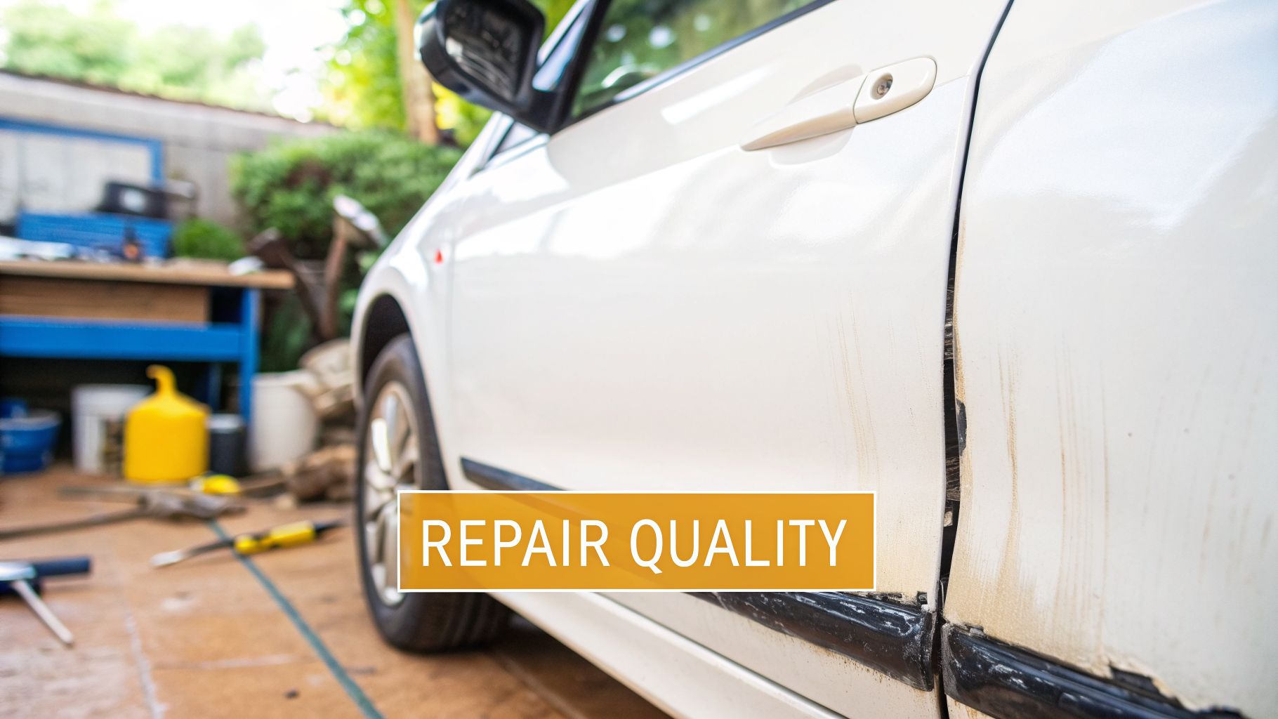 Side view of a dirty white car with damage, parked in a garage, with 'REPAIR QUALITY' text overlay.