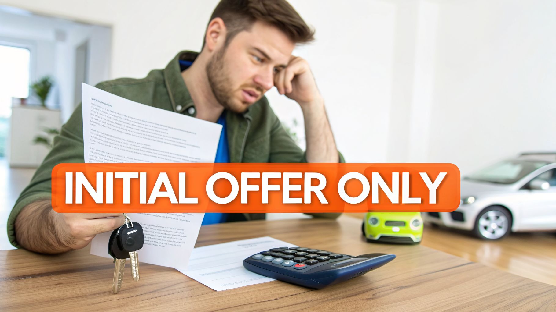 Worried man reviewing car settlement papers with keys, calculator, and toy cars, showing 'initial offer only'.