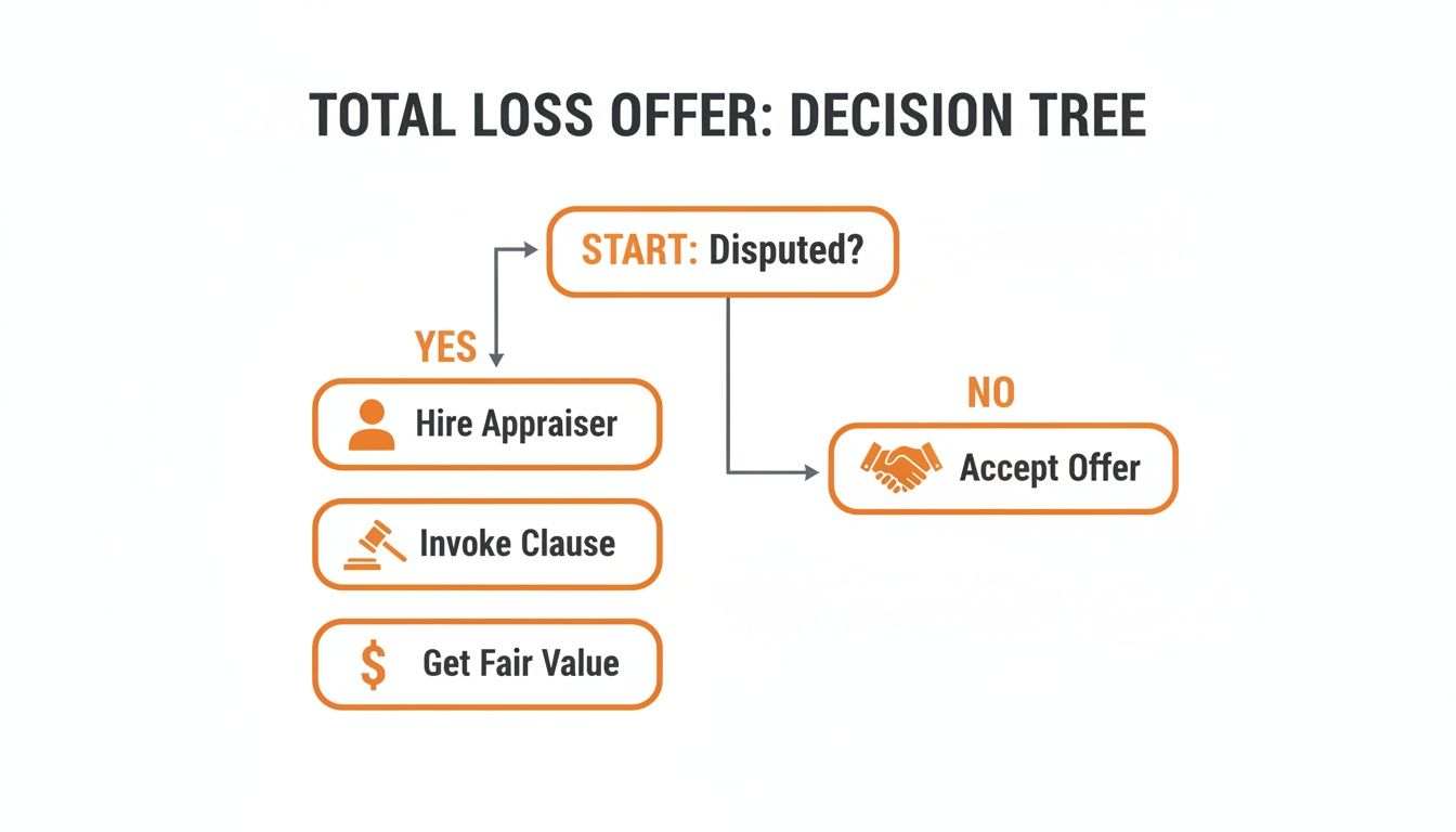 A flowchart decision tree titled 'Total Loss Offer' illustrating steps for disputed and non-disputed claims.