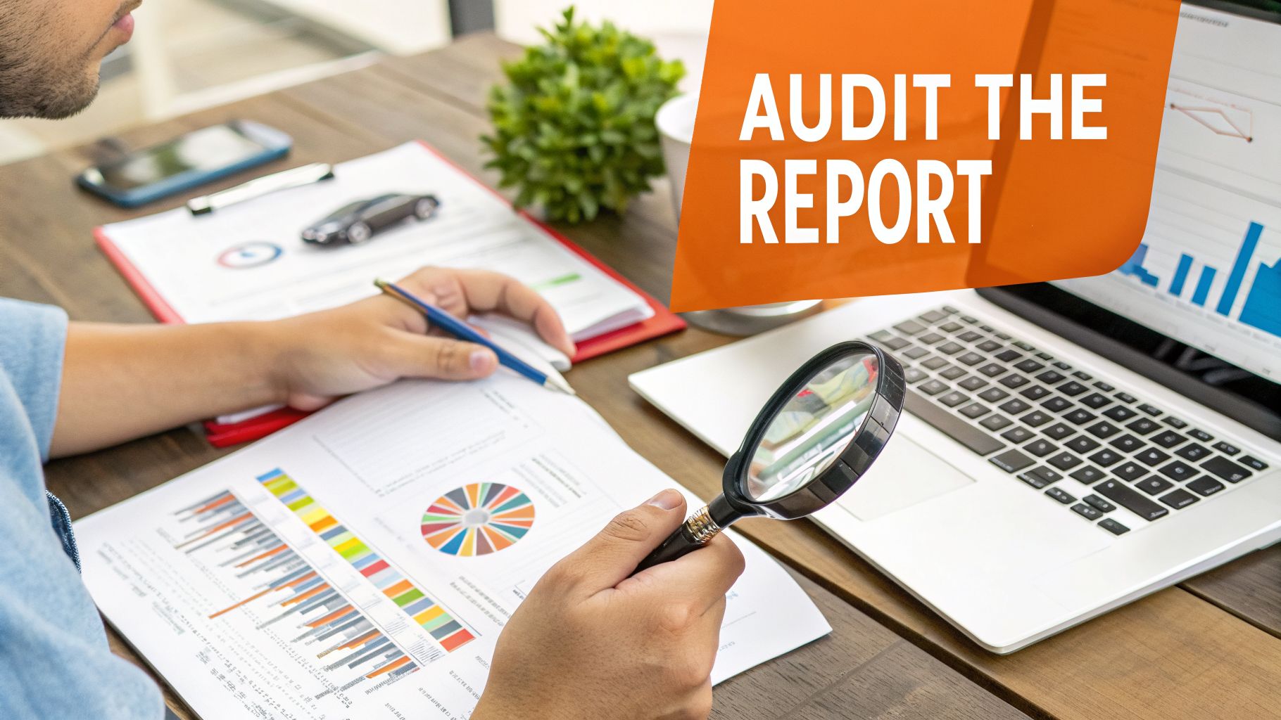 A person audits financial reports with a magnifying glass and pen, surrounded by a laptop and charts.