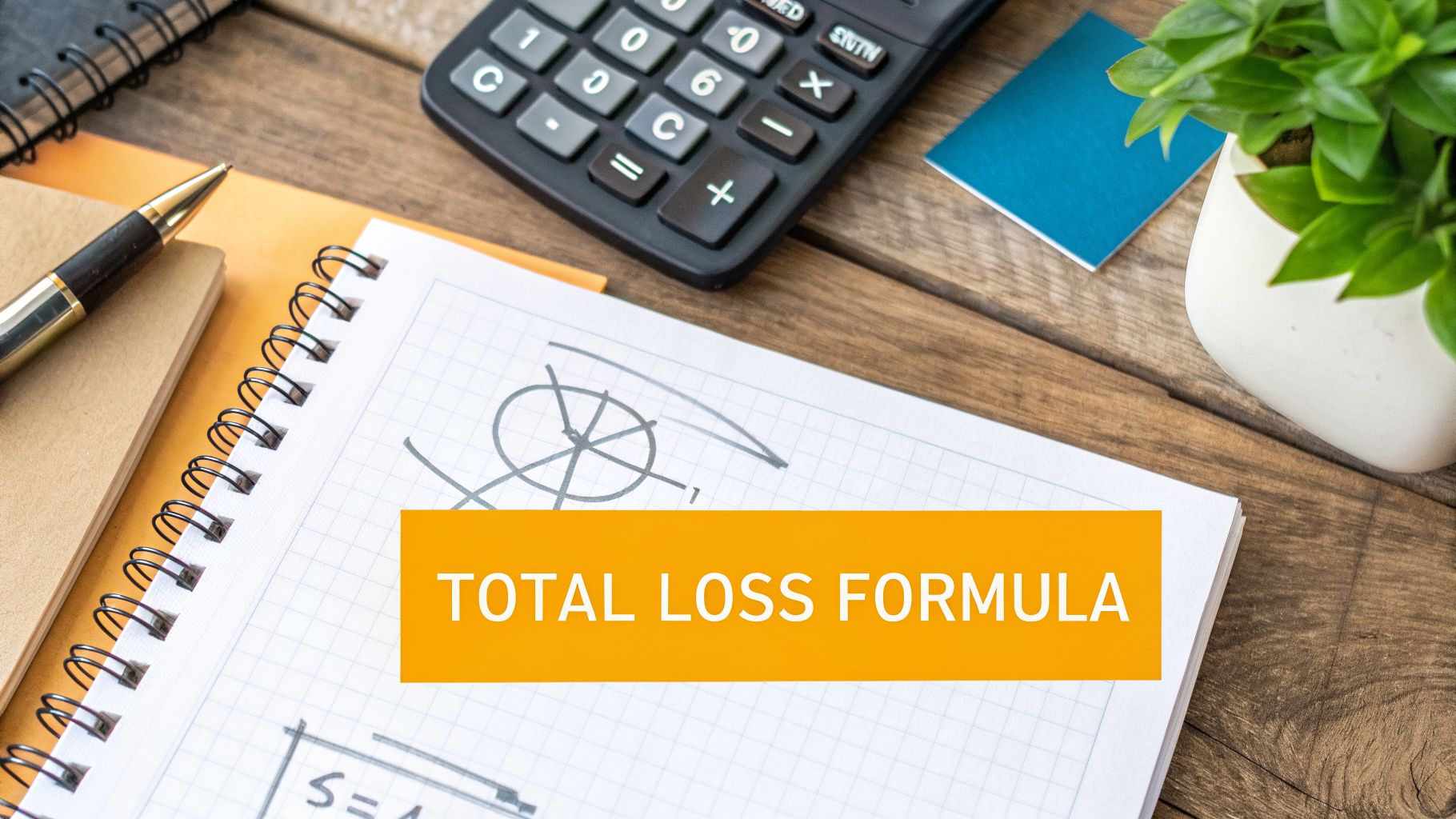 Overhead view of a wooden desk with a notebook, pen, calculator, and small green plant, featuring "TOTAL LOSS FORMULA" text overlay.