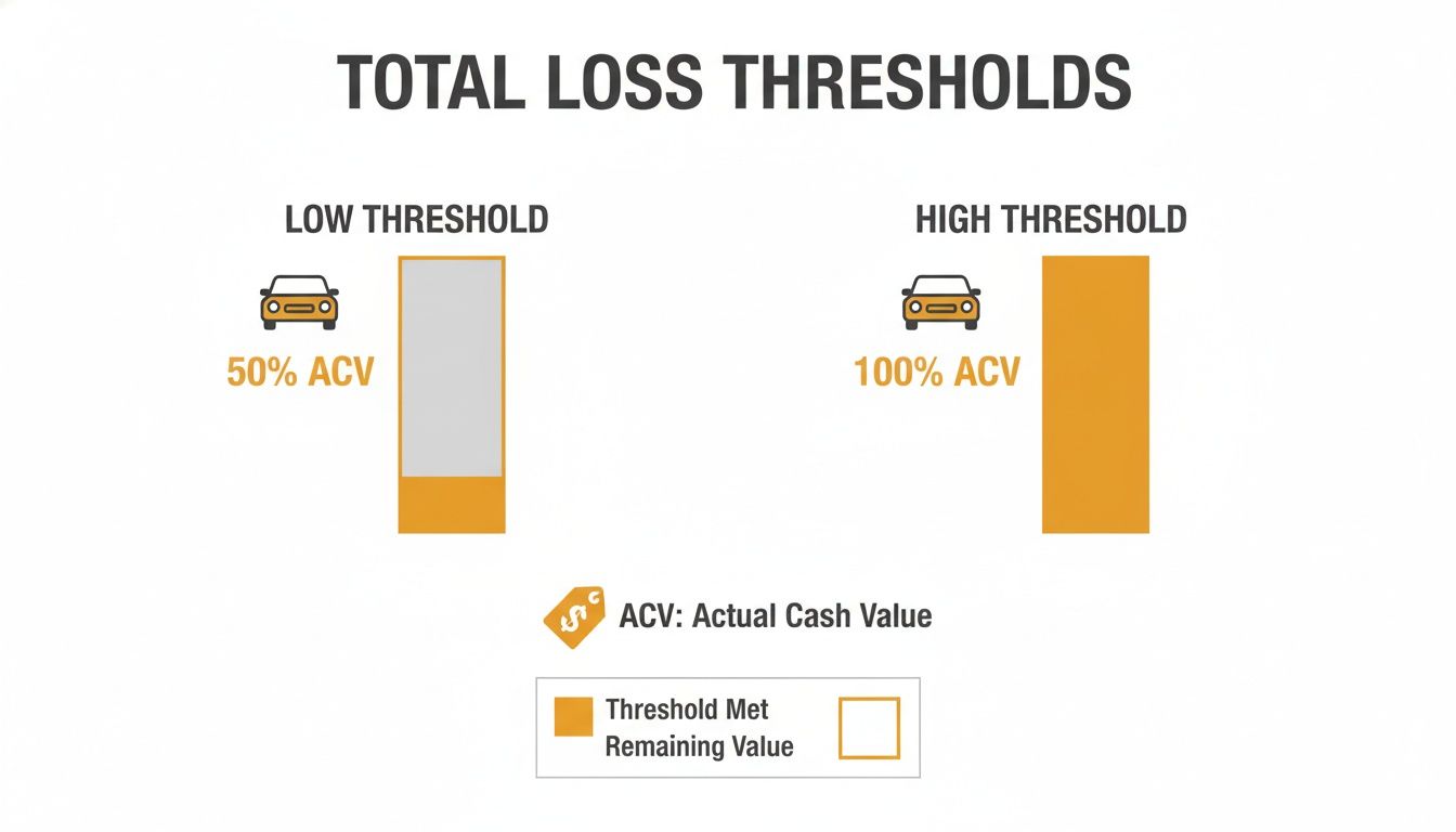 Infographic illustrating low (50% ACV) and high (100% ACV) total loss thresholds for vehicles.