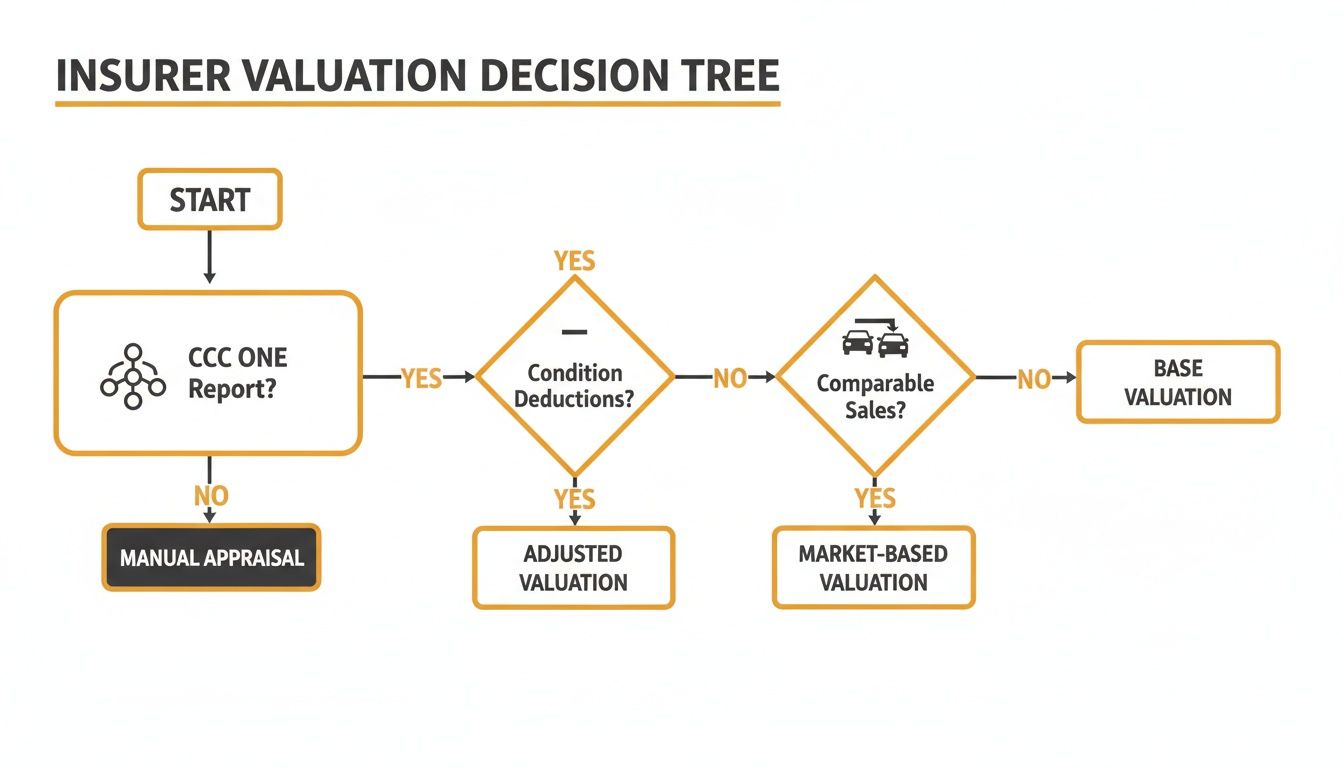 A decision tree flowchart illustrating the insurer's car valuation process.