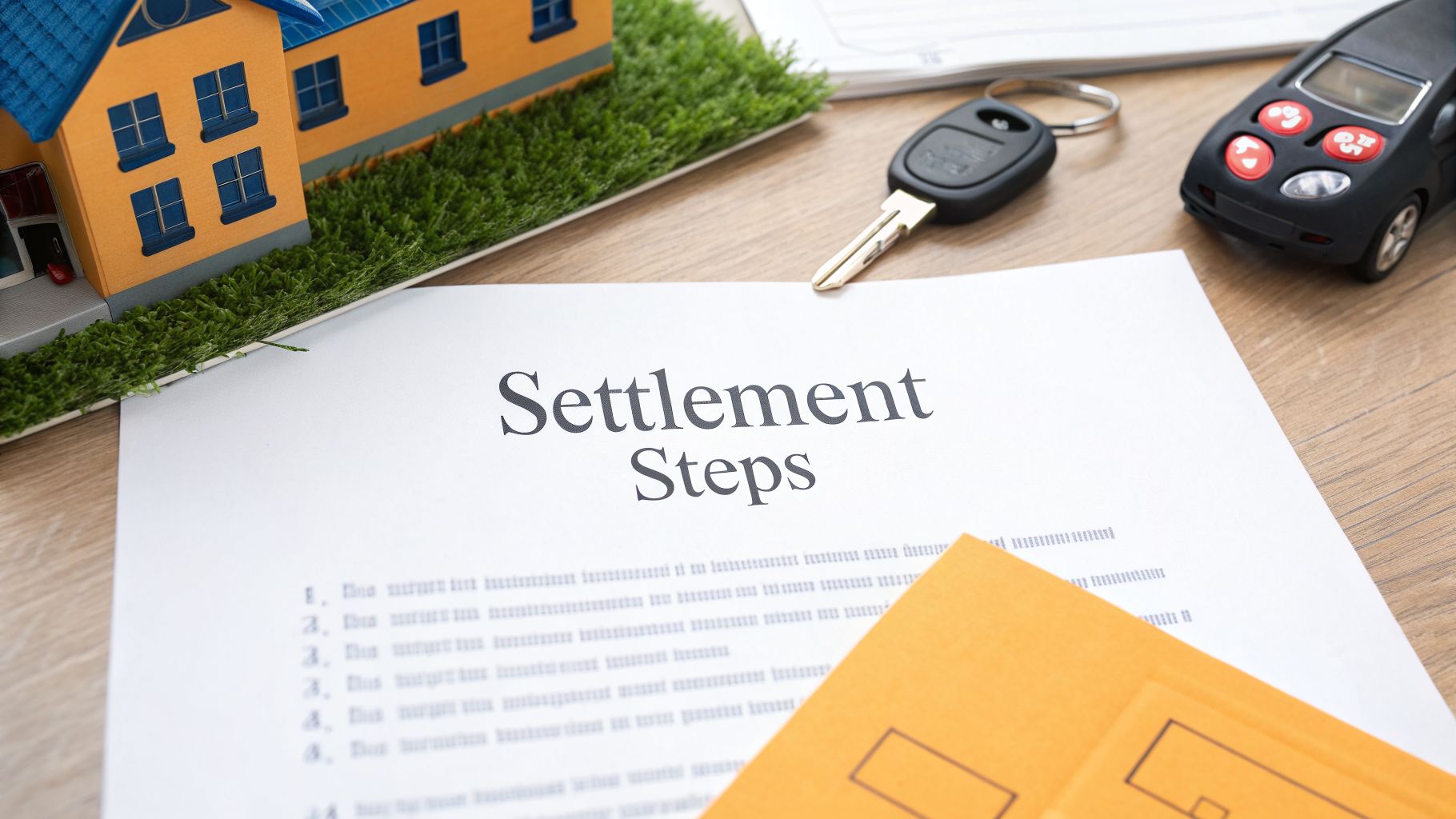 A document titled 'Settlement Steps' on a wooden table with a house model, car key, and toy car.