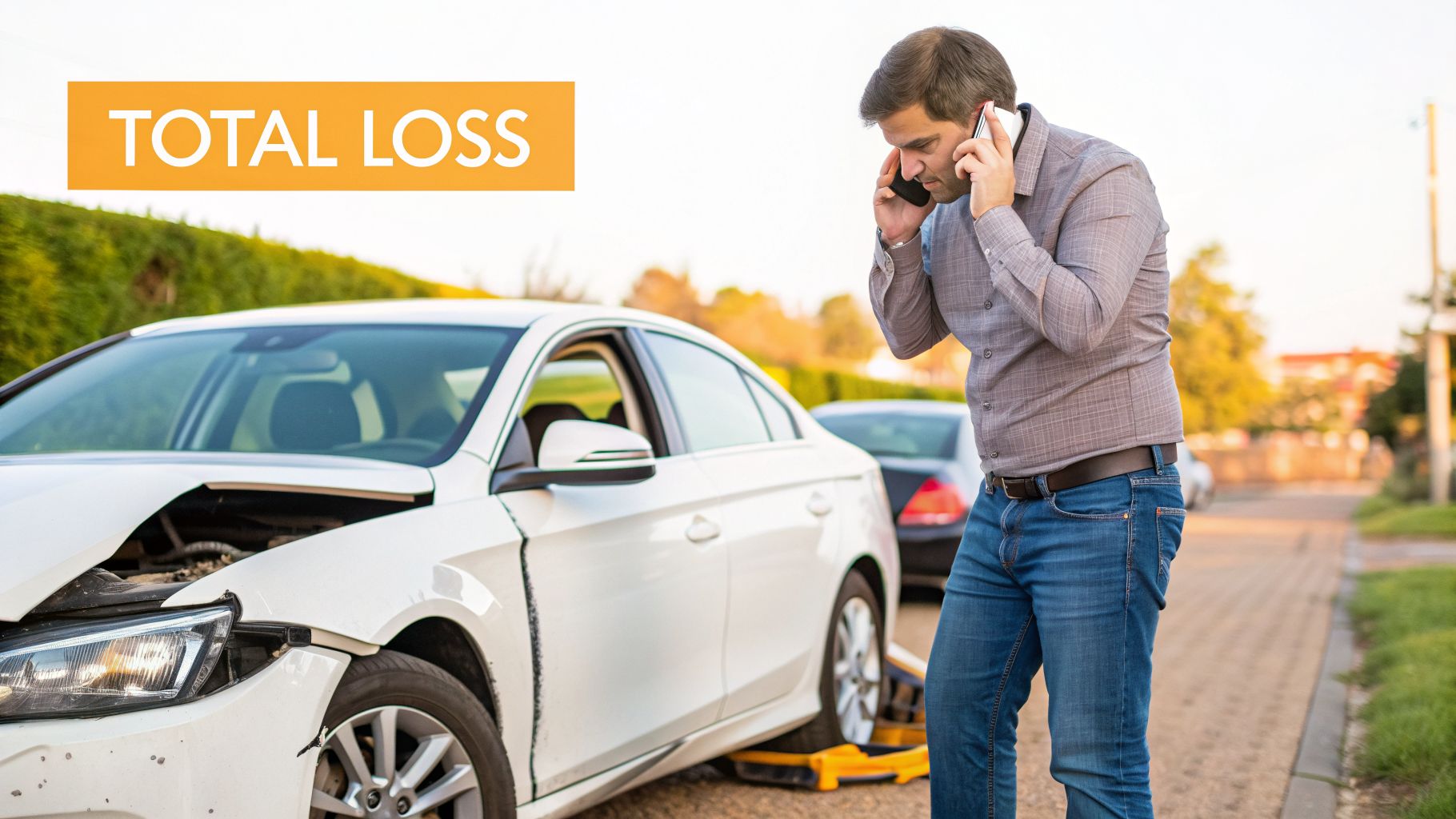 A man on the phone looking stressed next to a white car with front-end damage and 'TOTAL LOSS' text overlay.
