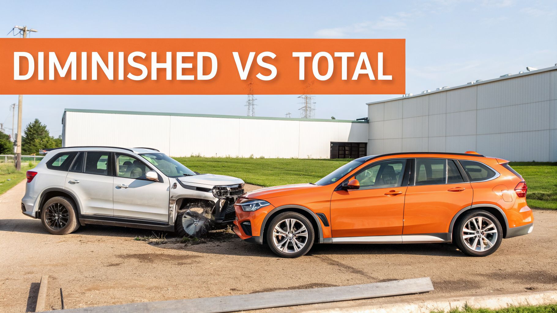 Two SUVs, a heavily damaged white one and a less damaged orange one, after a front-end collision.