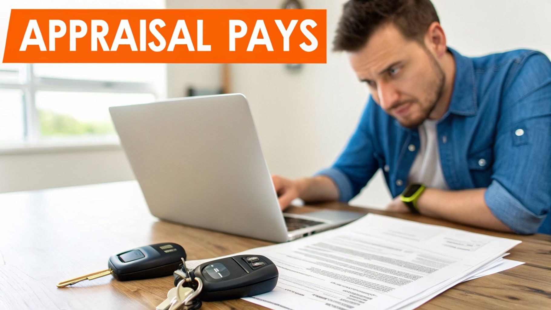 Man researching car appraisal details on laptop with documents and car keys on a wooden desk.
