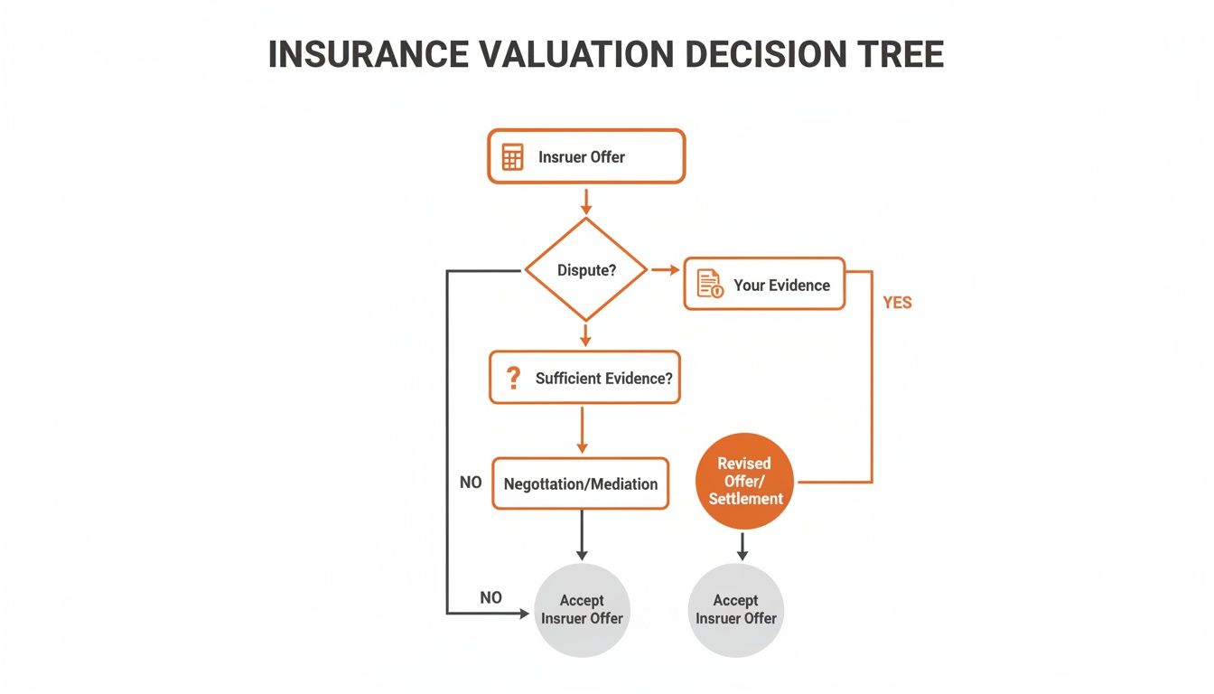 Decision tree flowchart for insurance valuation outlining steps like dispute, evidence, negotiation, and settlement.