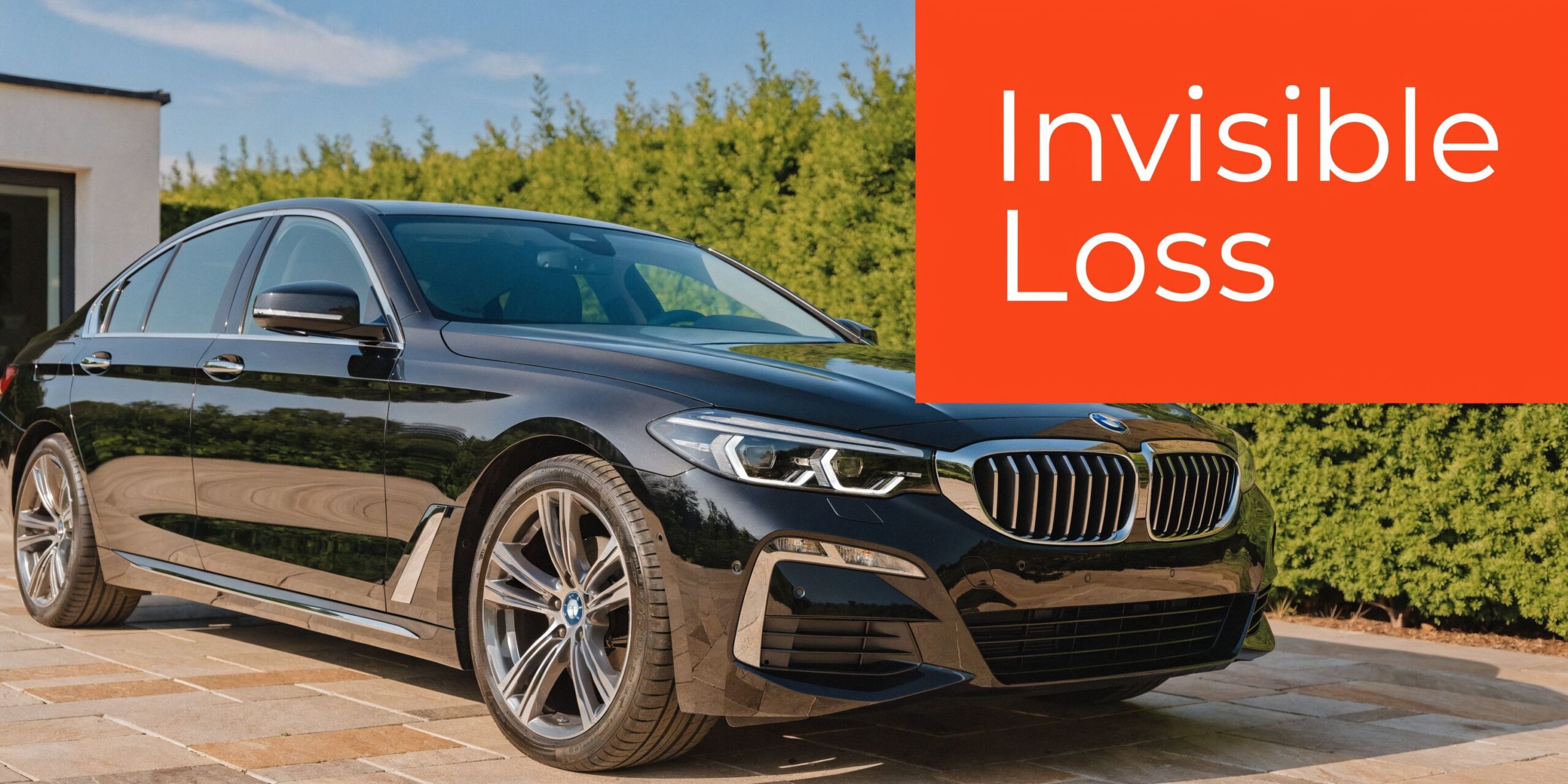A black BMW luxury sedan parked on a paved driveway with a red overlay text saying Invisible Loss.