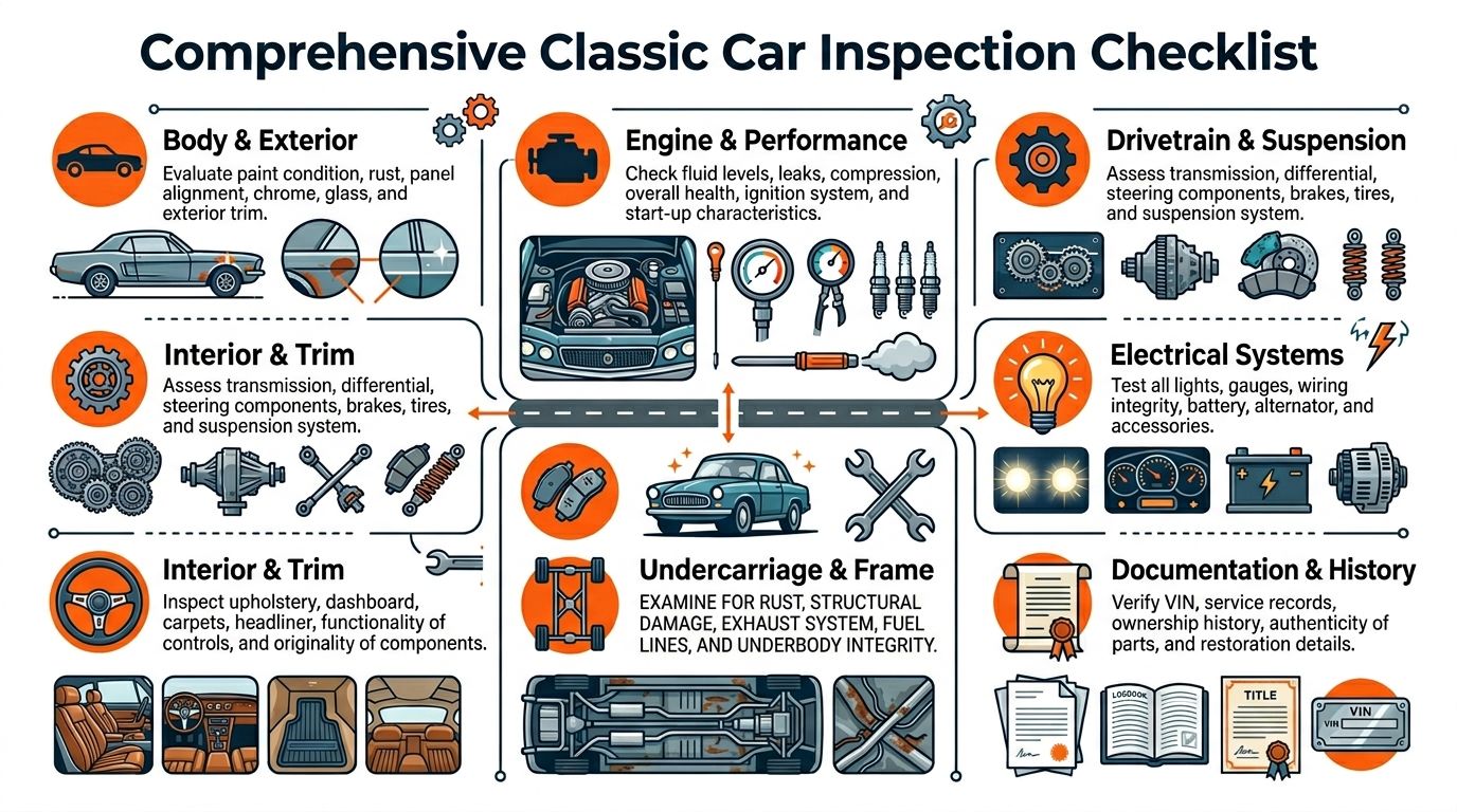 An infographic titled Comprehensive Classic Car Inspection Checklist displaying essential steps for evaluating vintage vehicle condition.
