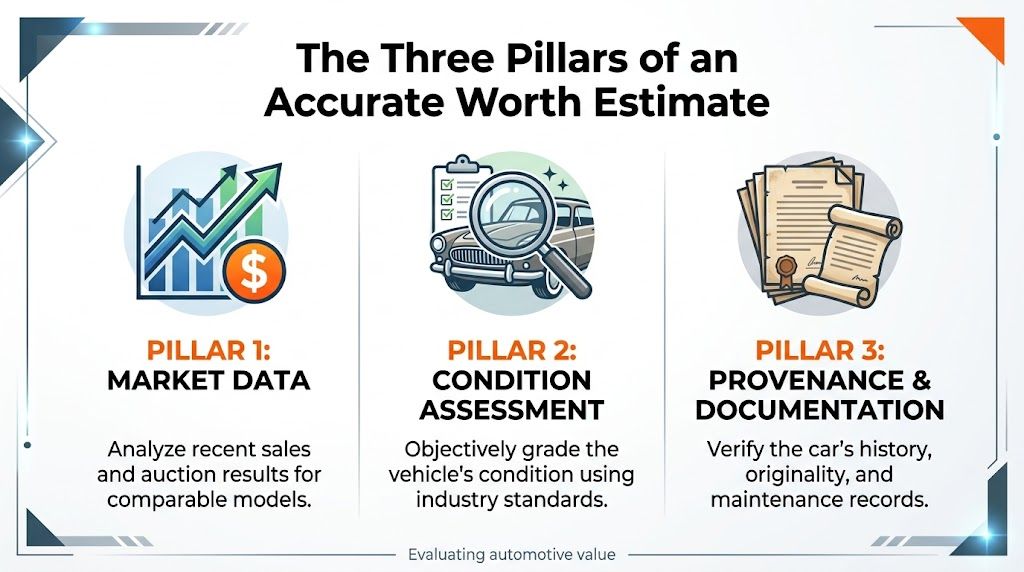 An infographic titled The Three Pillars of an Accurate Worth Estimate for classic cars, highlighting market data, condition, and provenance.