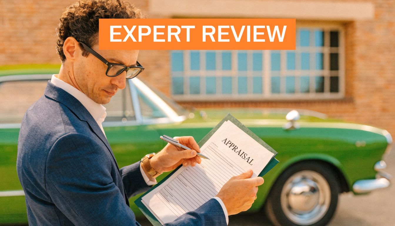 A professional man in a suit carefully reviewing a vehicle appraisal document in front of a classic car.