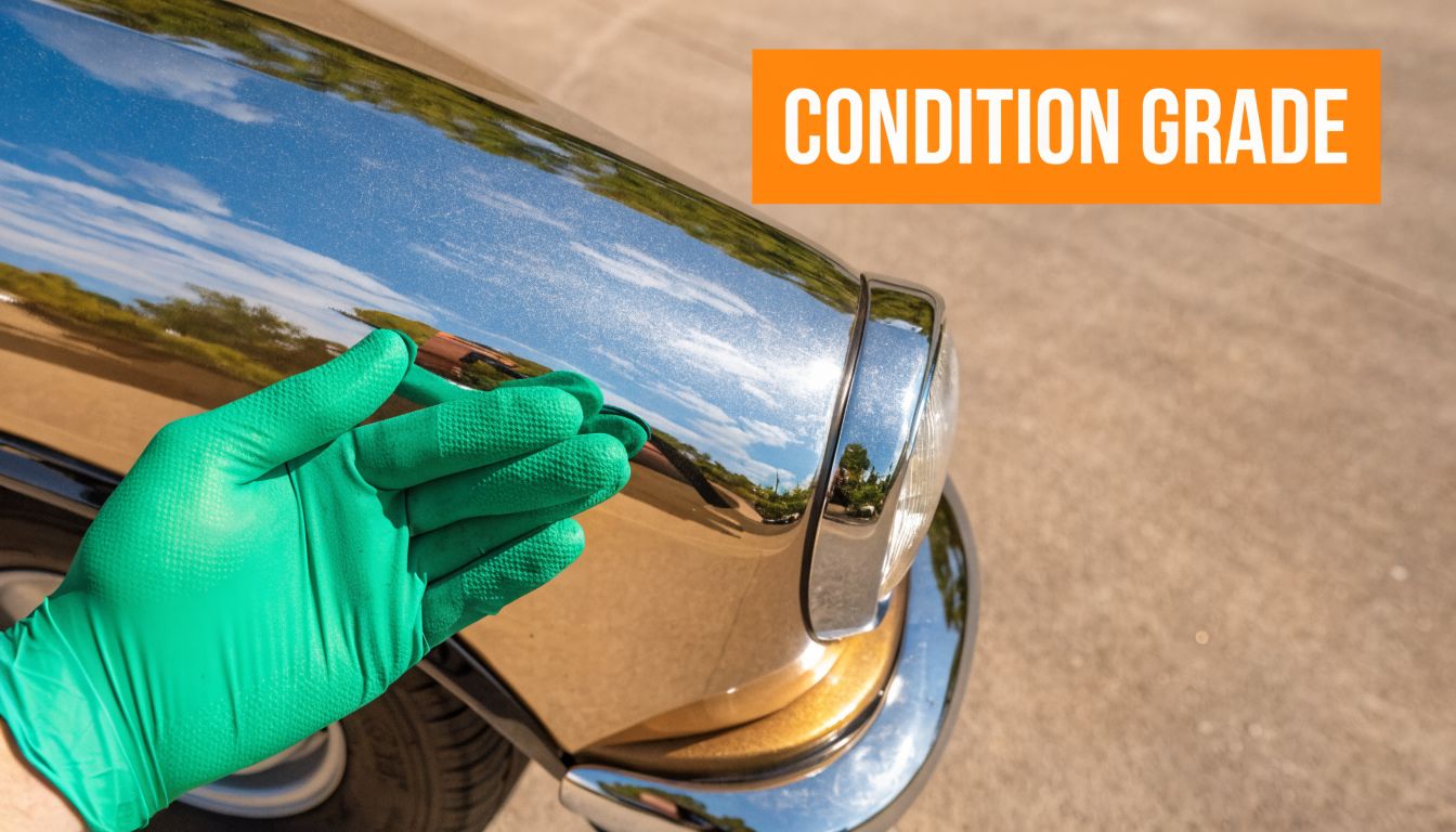 A gloved hand inspecting the polished metal fender of a classic car during an appraisal.