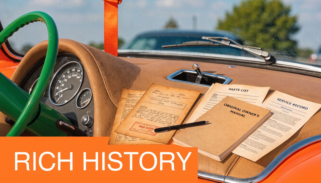 A close-up of a classic car dashboard featuring an owner's manual, parts list, and service records.