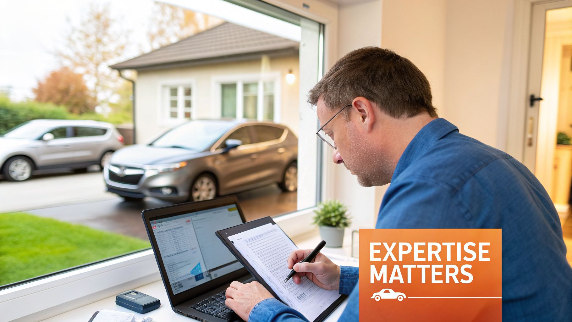 A man in glasses works on a laptop and writes, with two cars visible outside.