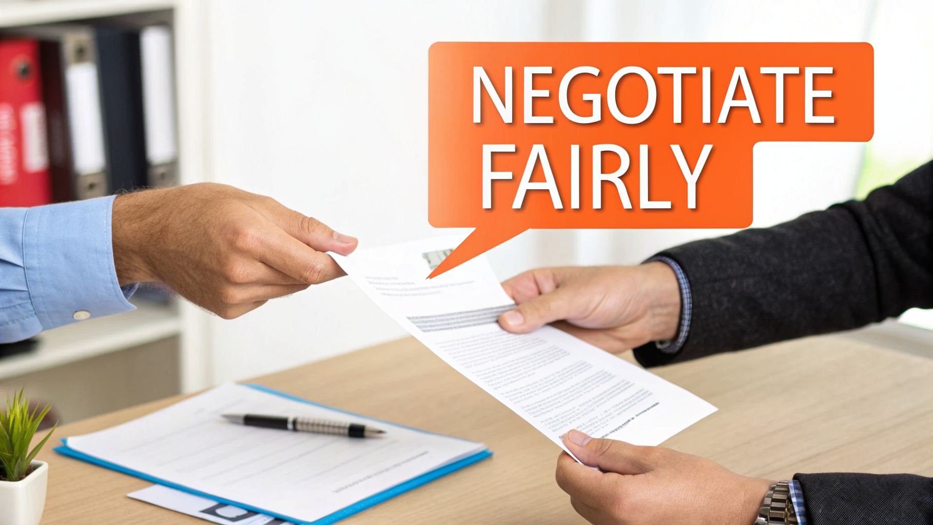 Two business professionals exchange paper documents across a desk, with a 'NEGOTIATE FAIRLY' speech bubble.
