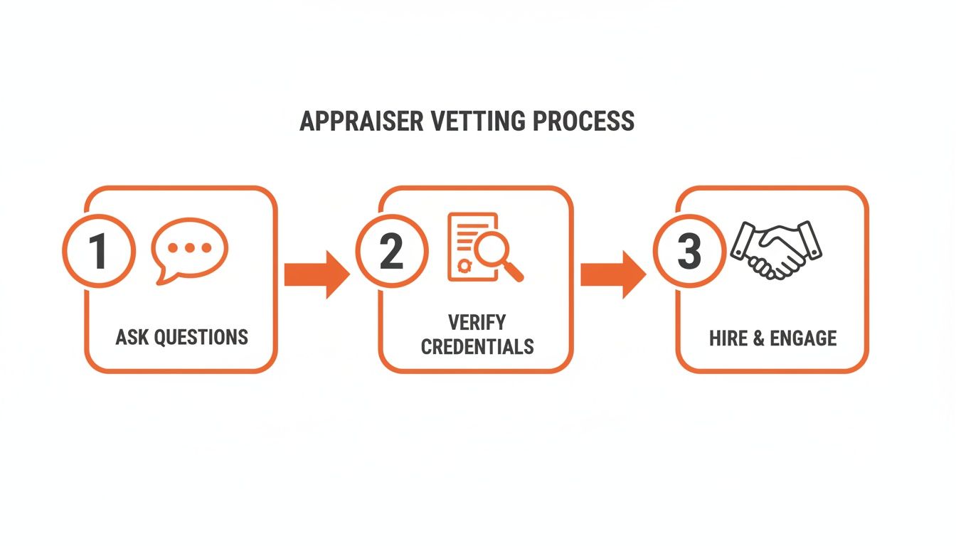 A three-step appraiser vetting process: ask questions, verify credentials, then hire and engage.