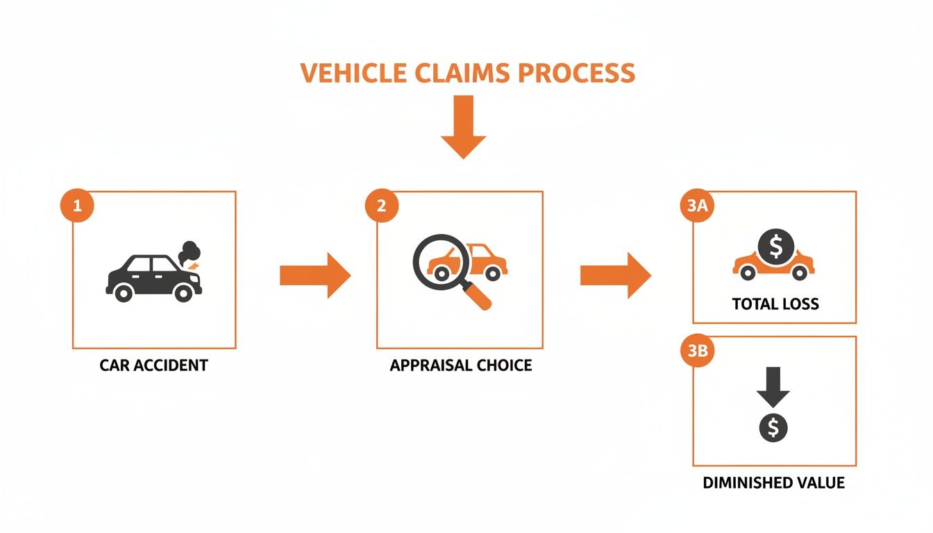 Flowchart illustrating the vehicle claims process: car accident, appraisal choice, leading to total loss or diminished value.