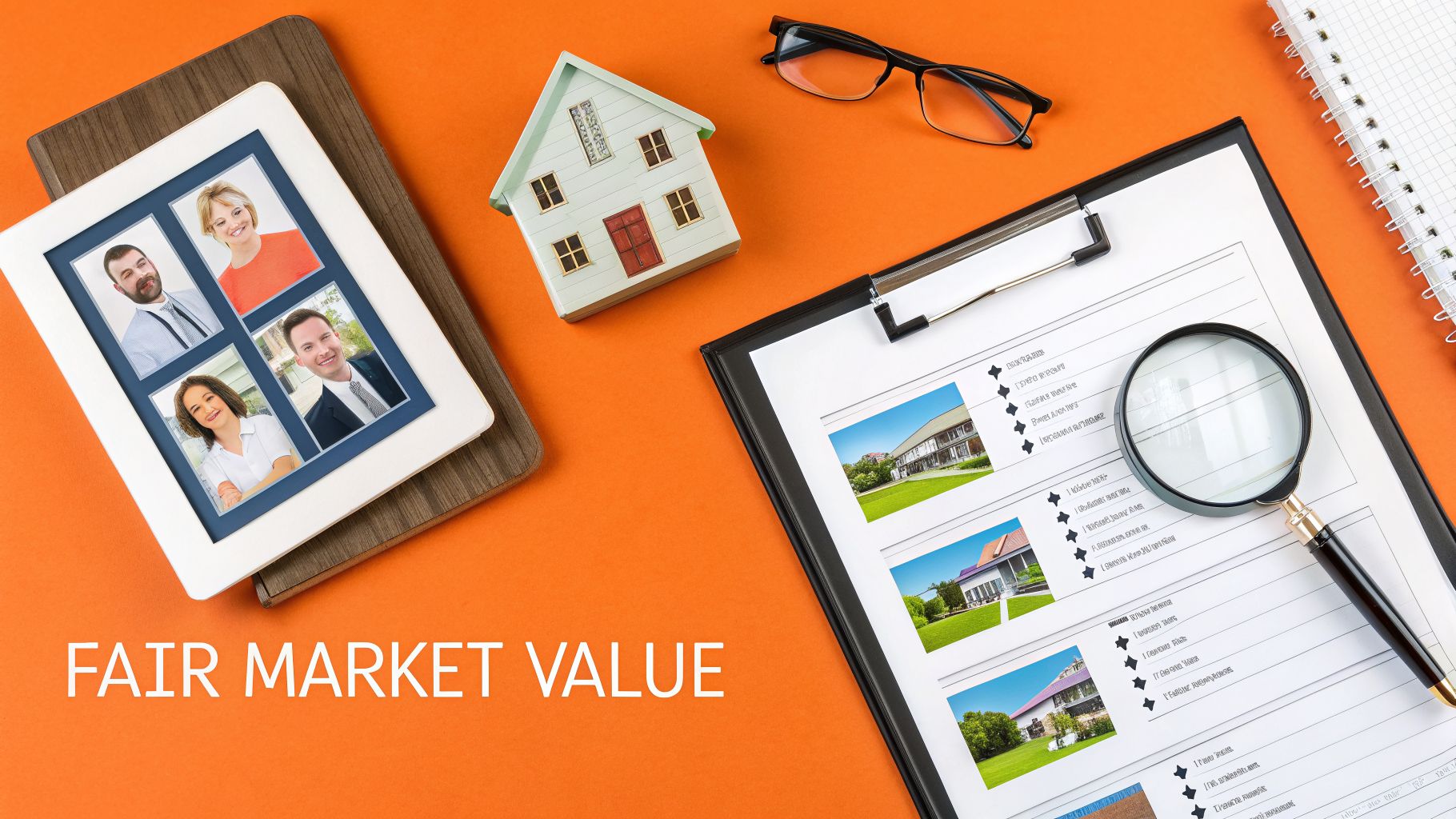 Overhead view of real estate appraisal tools: tablet with agent photos, model house, clipboard with property listings, magnifying glass.