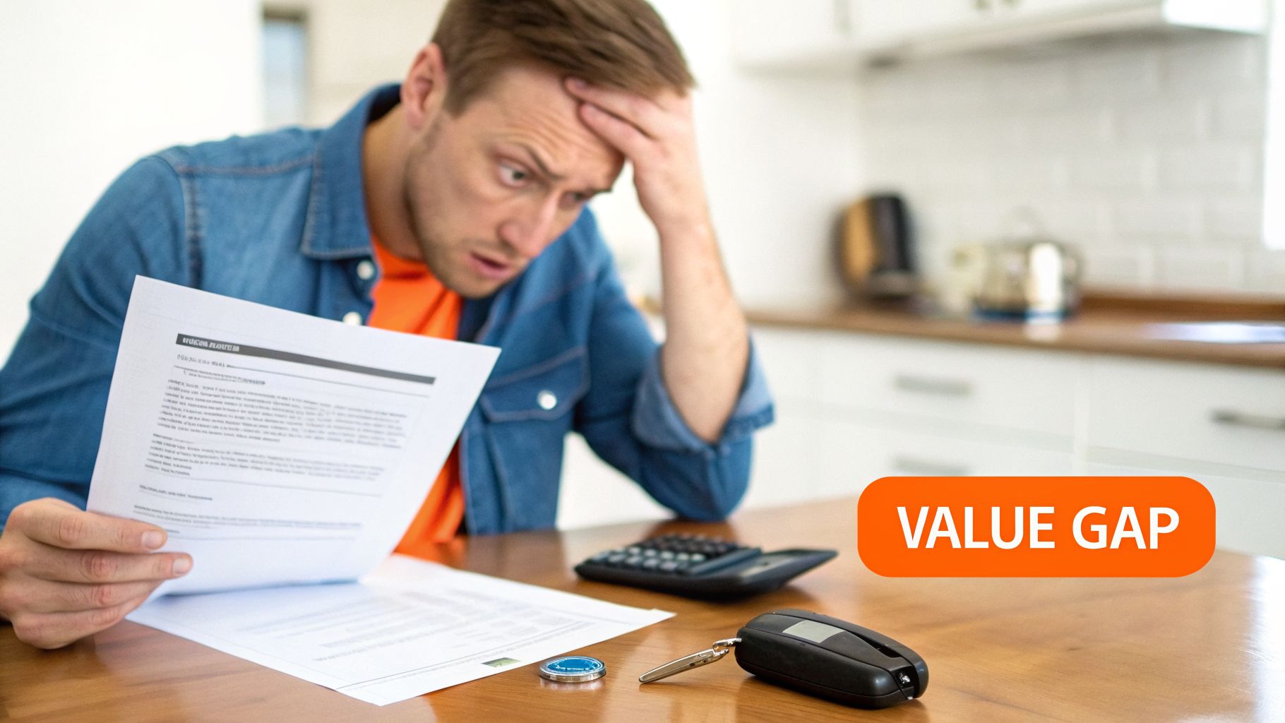 Stressed man reviewing financial documents with calculator and car keys, highlighting a 'Value Gap'.