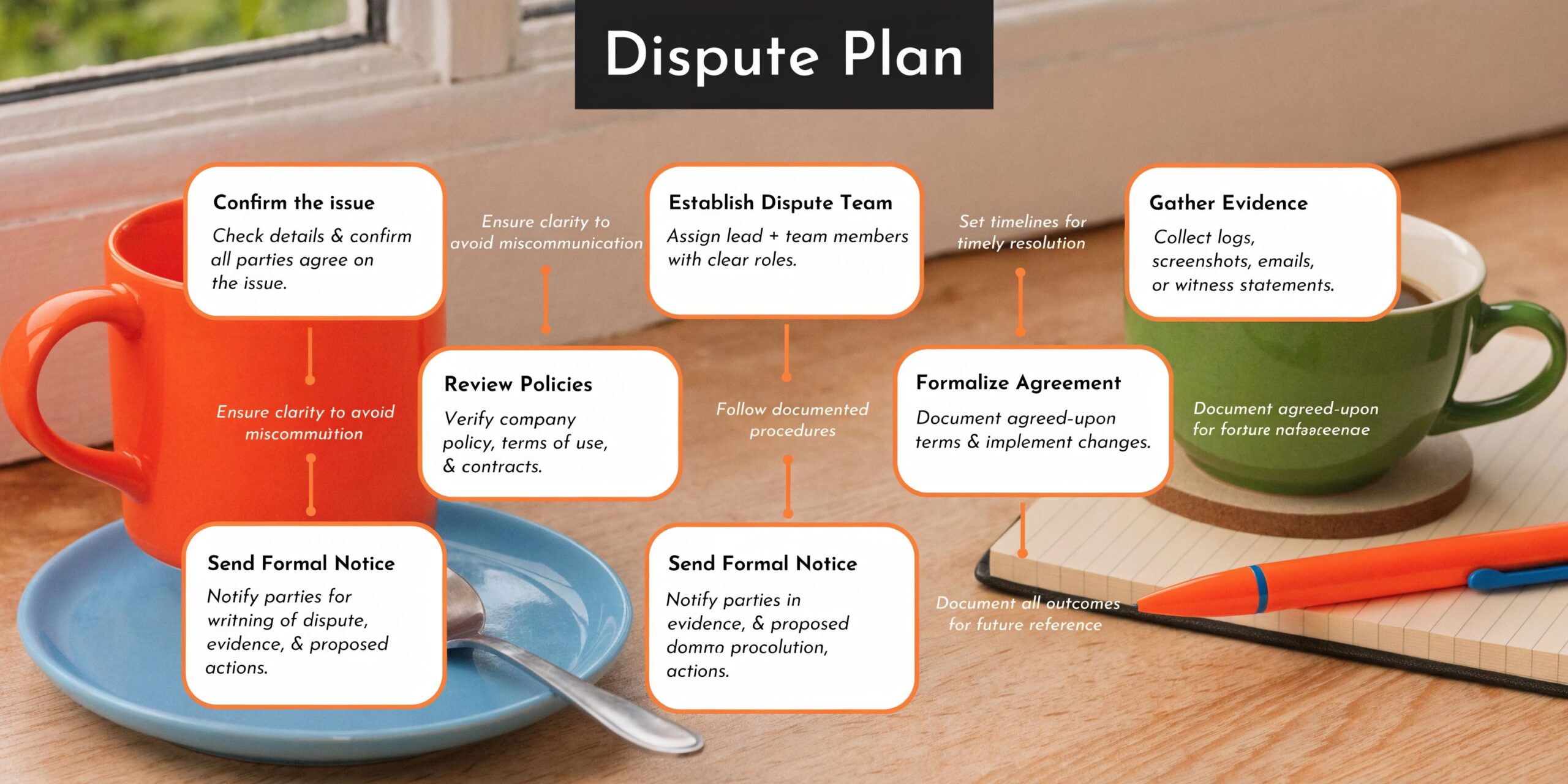 A professional infographic titled Dispute Plan outlining sequential steps for resolving business conflicts with mugs and stationery.