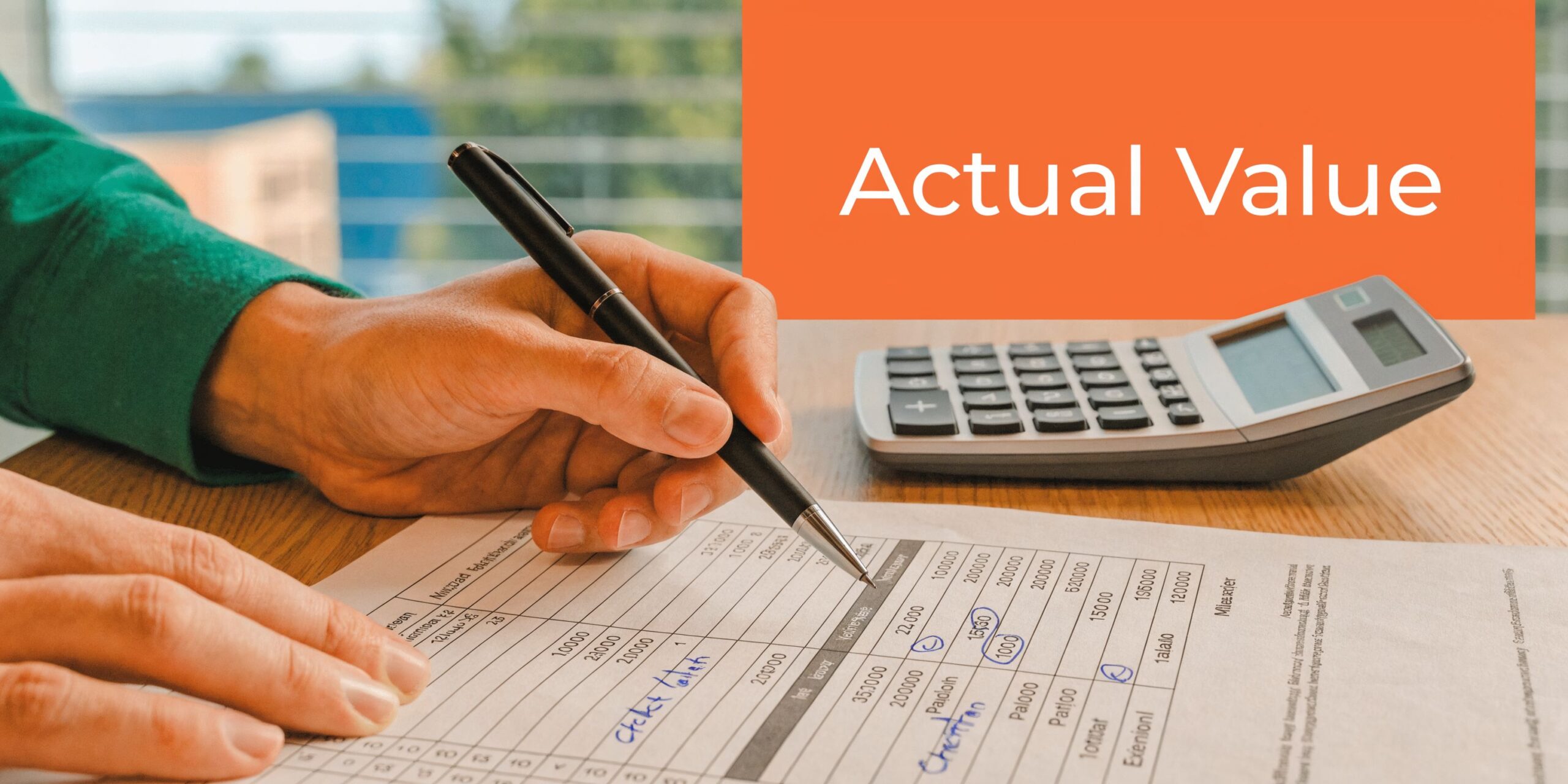 A professional analyzing a car damage assessment form with a calculator to determine a total loss settlement.