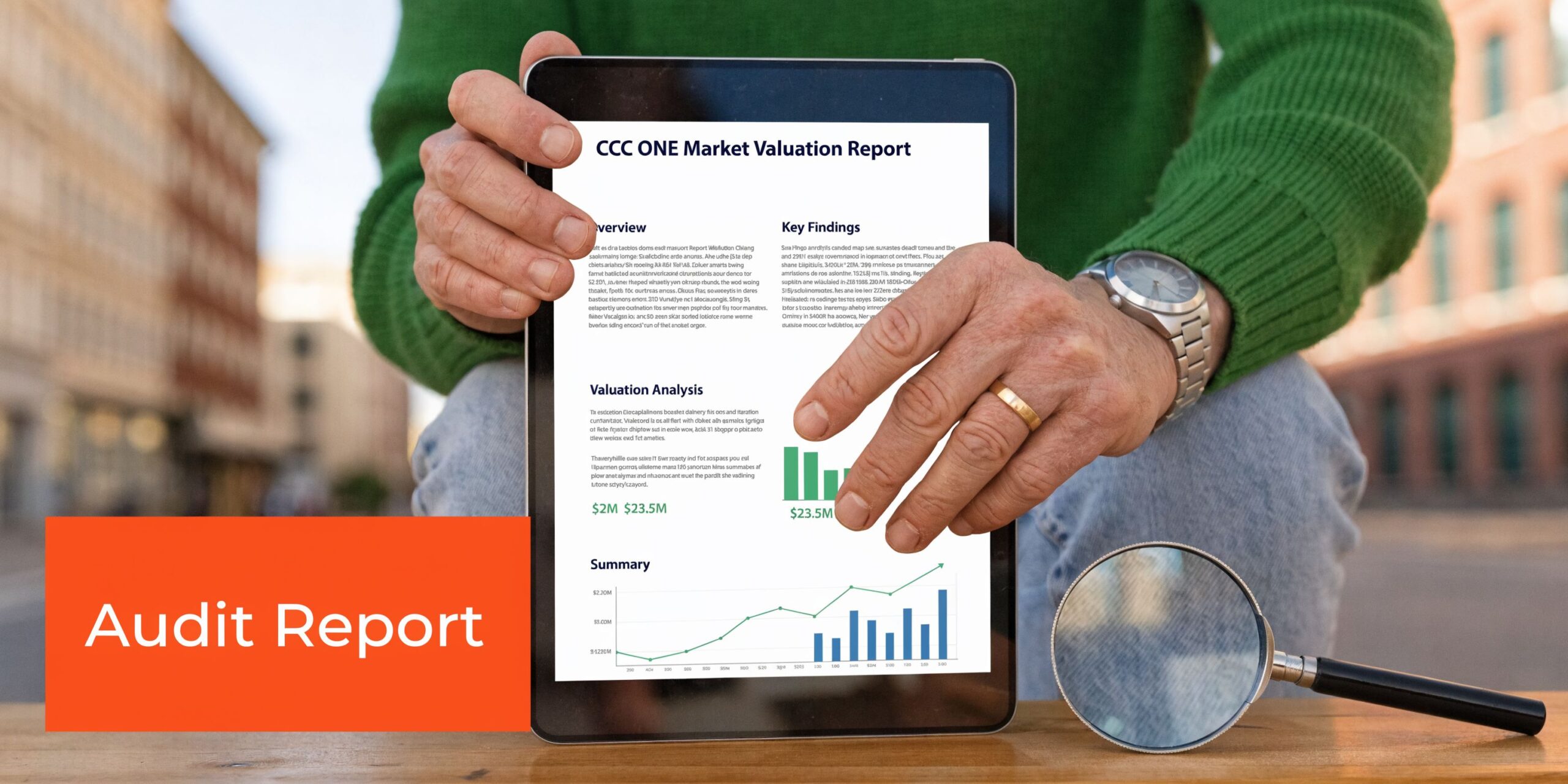 A person holding a tablet displaying a CCC ONE Market Valuation Report with graphs and business metrics.