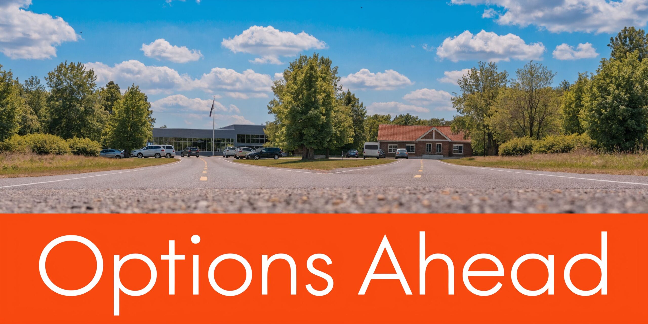 A scenic road splitting towards two distinct buildings with an orange banner reading Options Ahead at bottom.