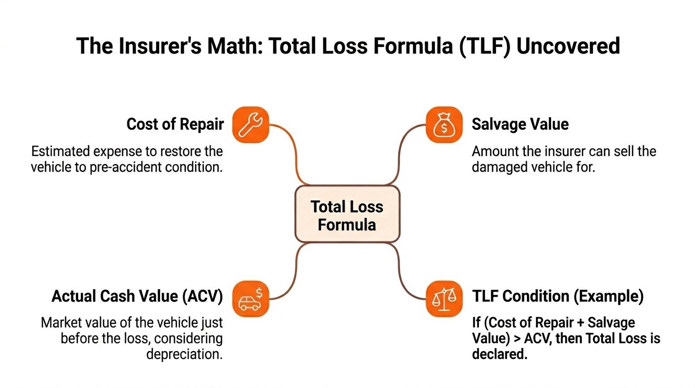 A diagram explaining the Total Loss Formula used by insurance companies to assess damaged vehicles.