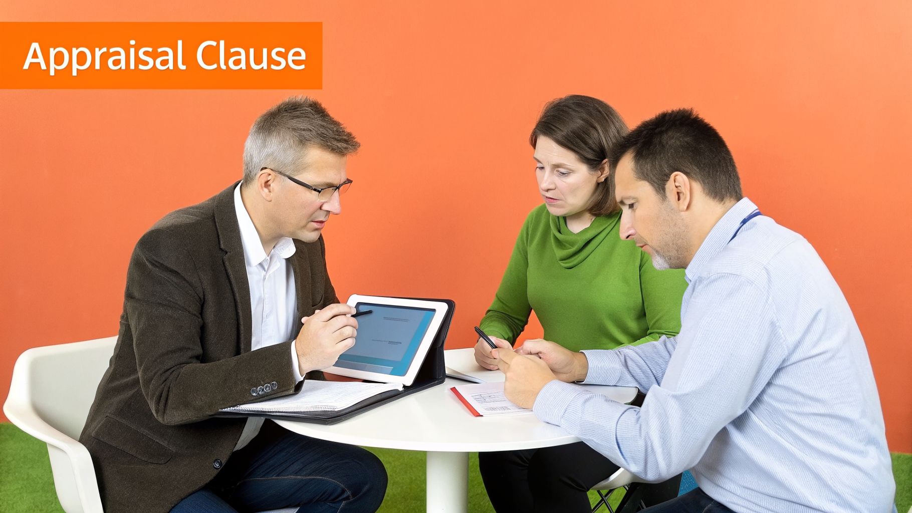 Three business people are discussing information on a tablet and documents at a table, with 'Appraisal Clause' visible.