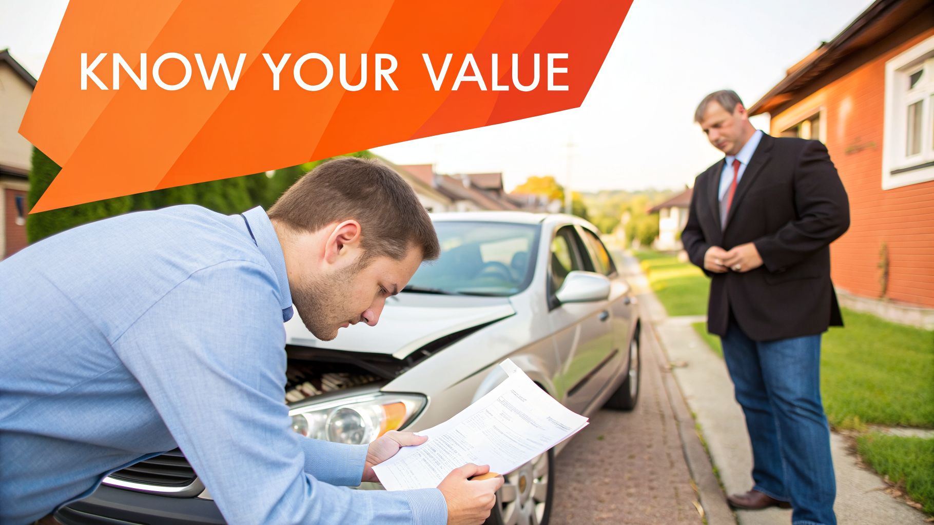 A man in a blue shirt examines papers in front of a damaged car, with an appraiser nearby. Text: KNOW YOUR VALUE.