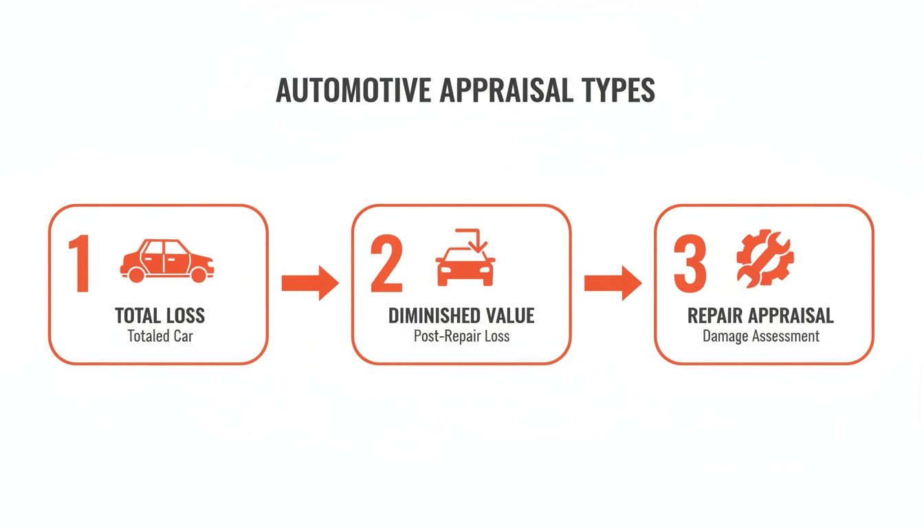 Diagram showing three types of automotive appraisals: total loss, diminished value, and repair appraisal.