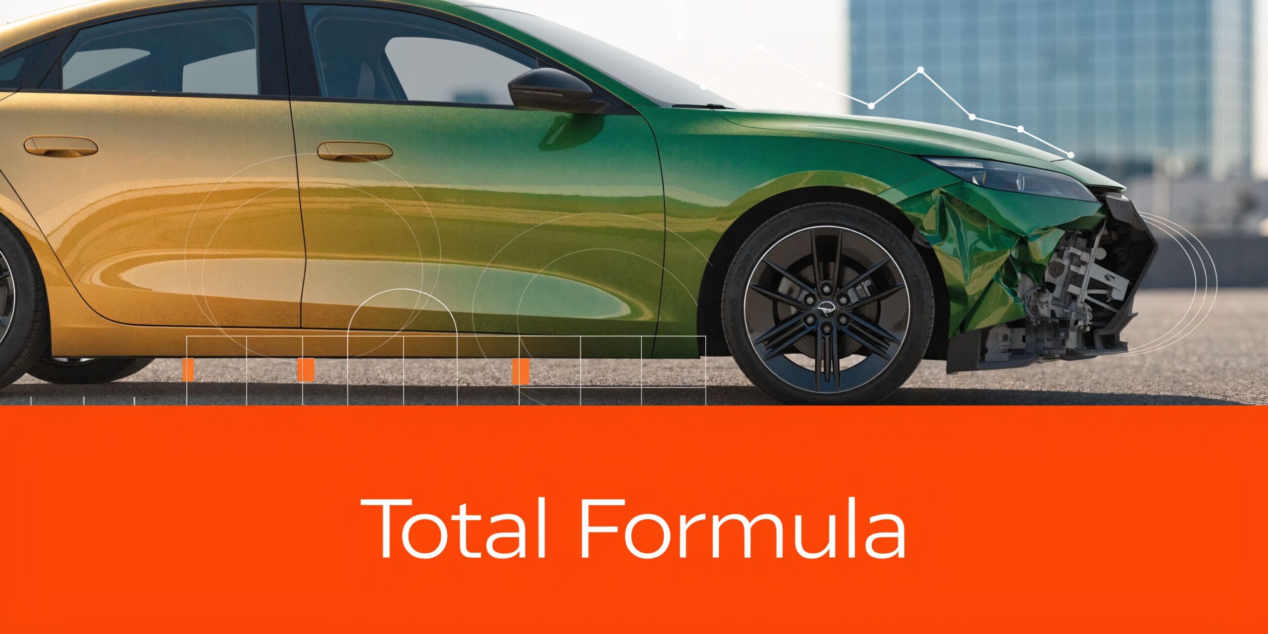 A side view of a green damaged car against a bright orange background with data visualization overlays.