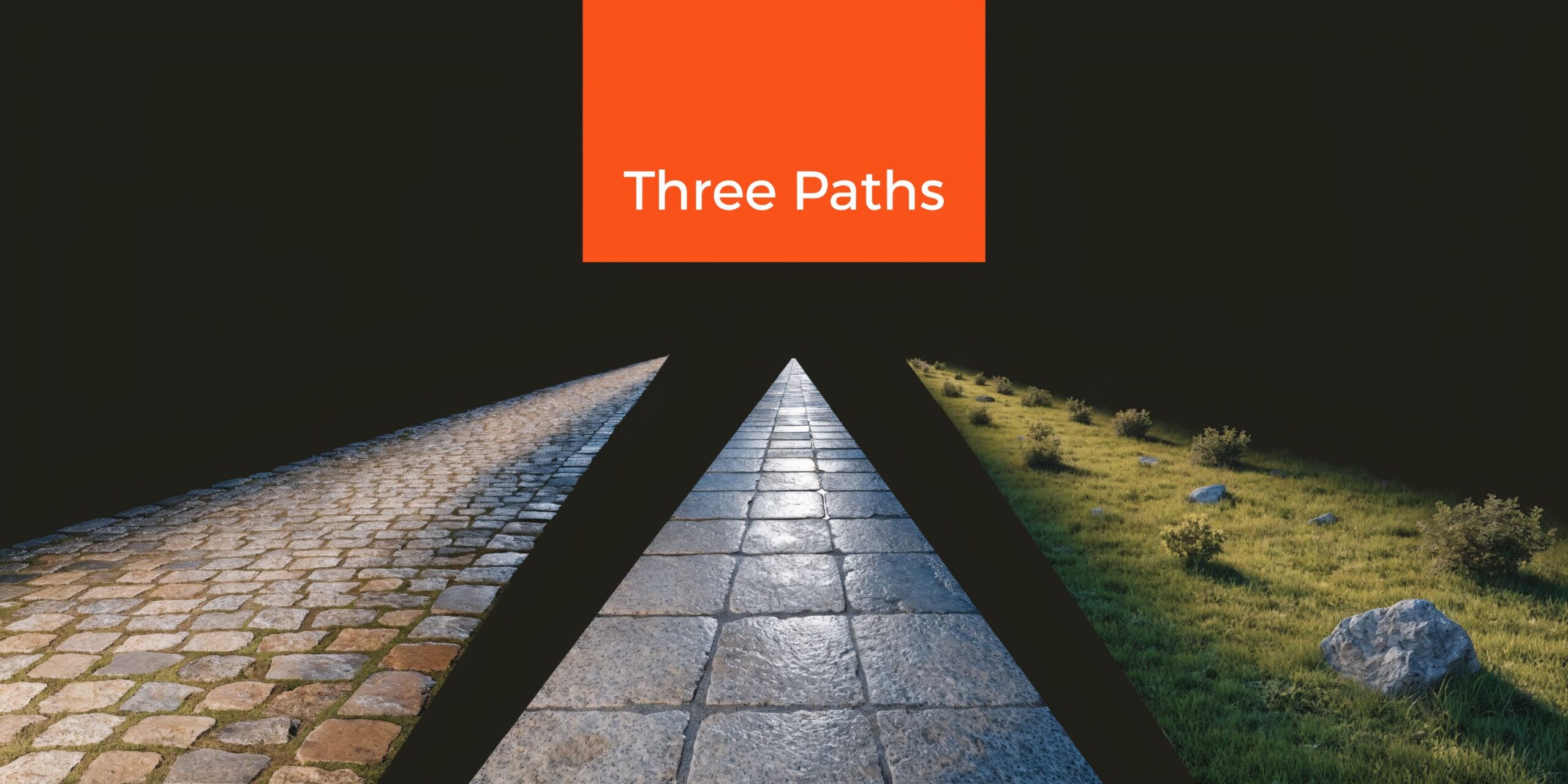 Three distinct paths representing different textures, including cobbled stone, paved tiles, and grassy meadow with rocks.