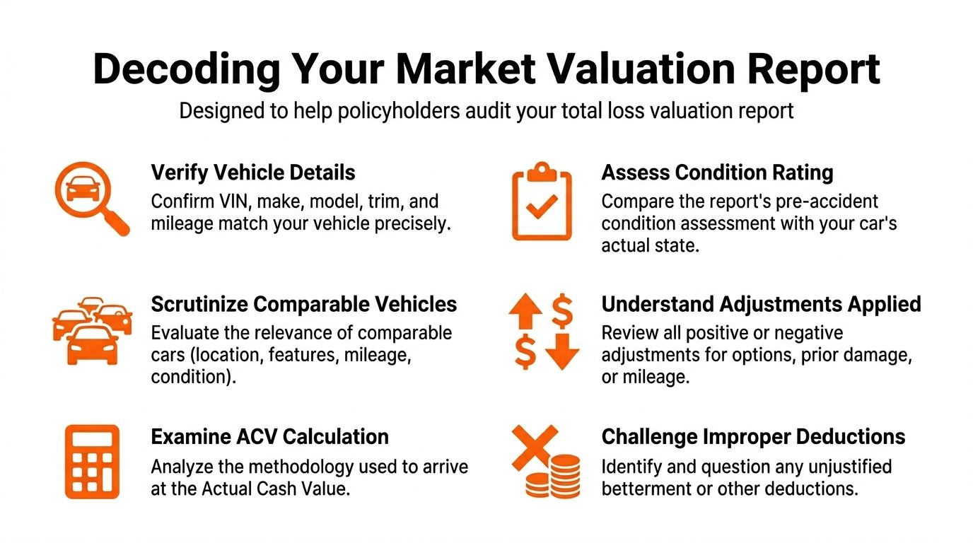 An infographic titled Decoding Your Market Valuation Report providing six tips for auditing total loss vehicle valuations.